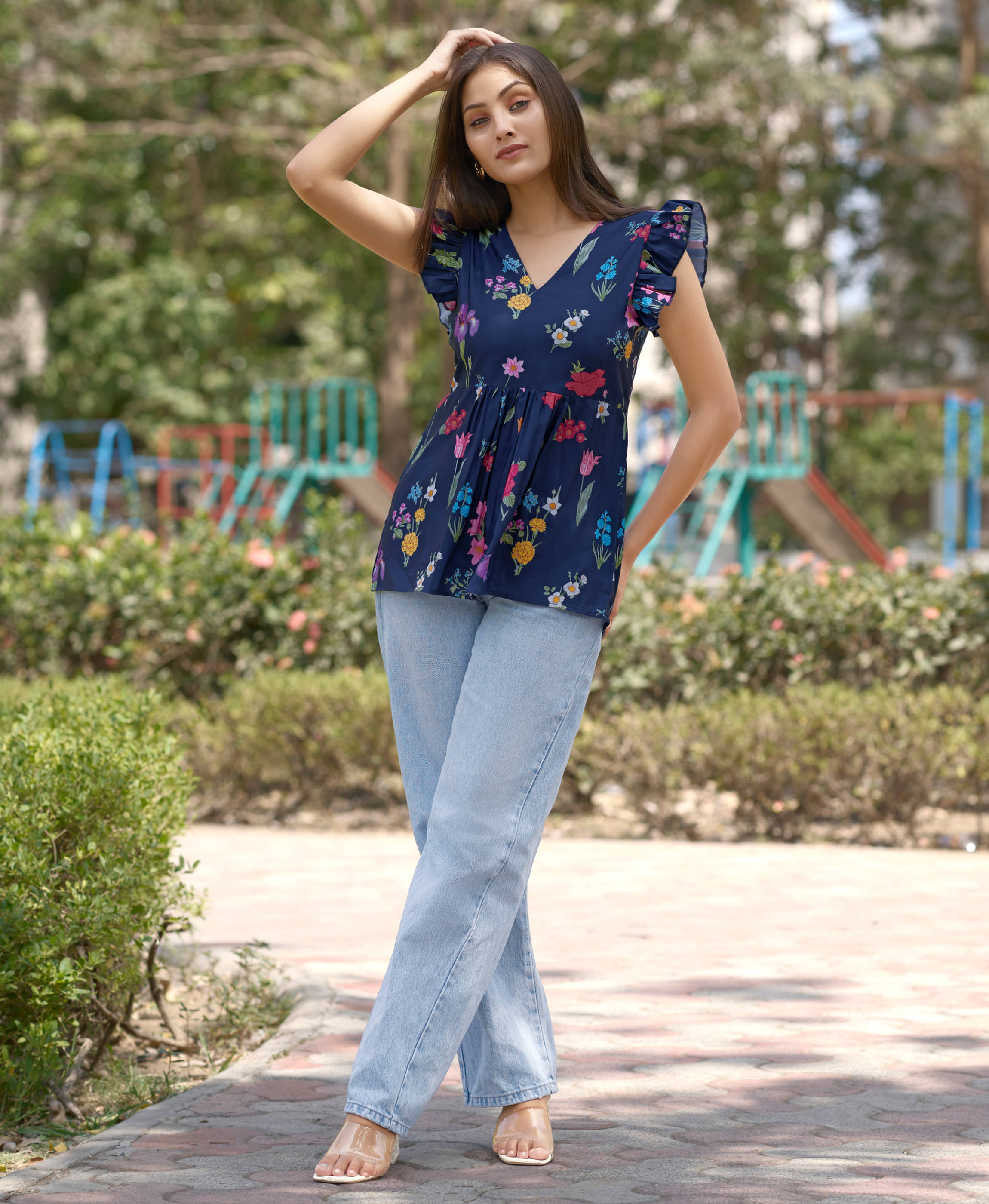 MOJILAA Women's Rayon Peplum Top ( Navy Blue ) MOJILAA Women's Rayon Peplum Top ( Navy Blue )