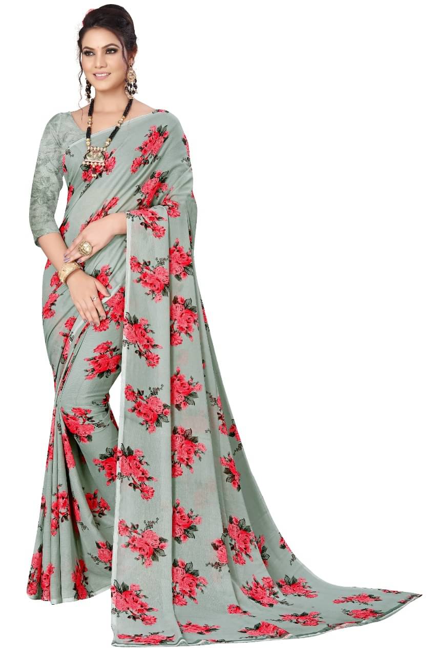 Maayro Georgette Printed Saree With Unstitched Blouse Piece ( Grey ) Maayro Georgette Printed Saree With Unstitched Blouse Piece ( Grey )