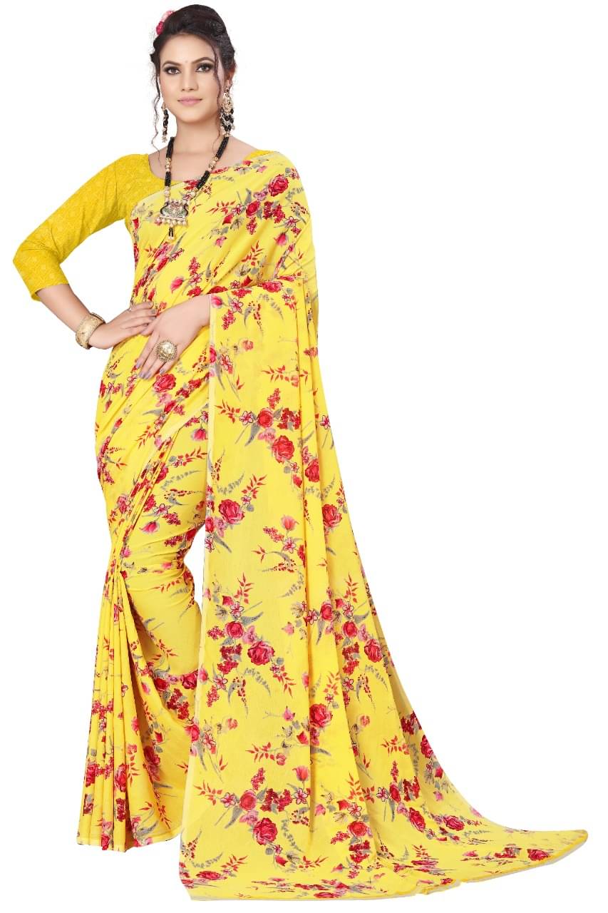 Maayro Georgette Printed Saree With Unstitched Blouse Piece ( Yellow ) Maayro Georgette Printed Saree With Unstitched Blouse Piece ( Yellow )