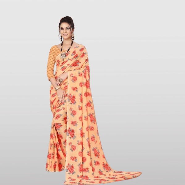 Maayro Georgette Printed Saree With Unstitched Blouse Piece ( Peach ) Maayro Georgette Printed Saree With Unstitched Blouse Piece ( Peach )