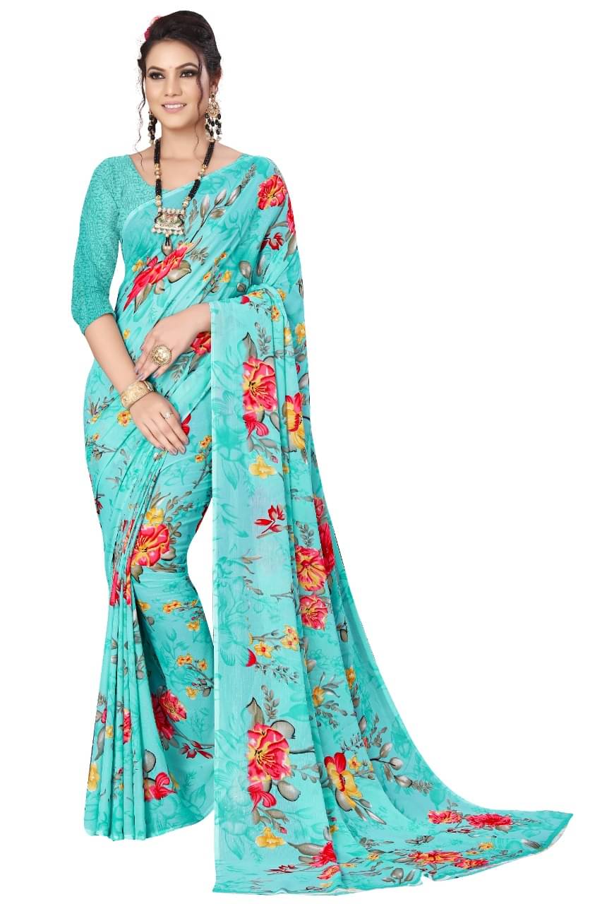Maayro Georgette Printed Saree With Unstitched Blouse Piece ( Blue ) Maayro Georgette Printed Saree With Unstitched Blouse Piece ( Blue )
