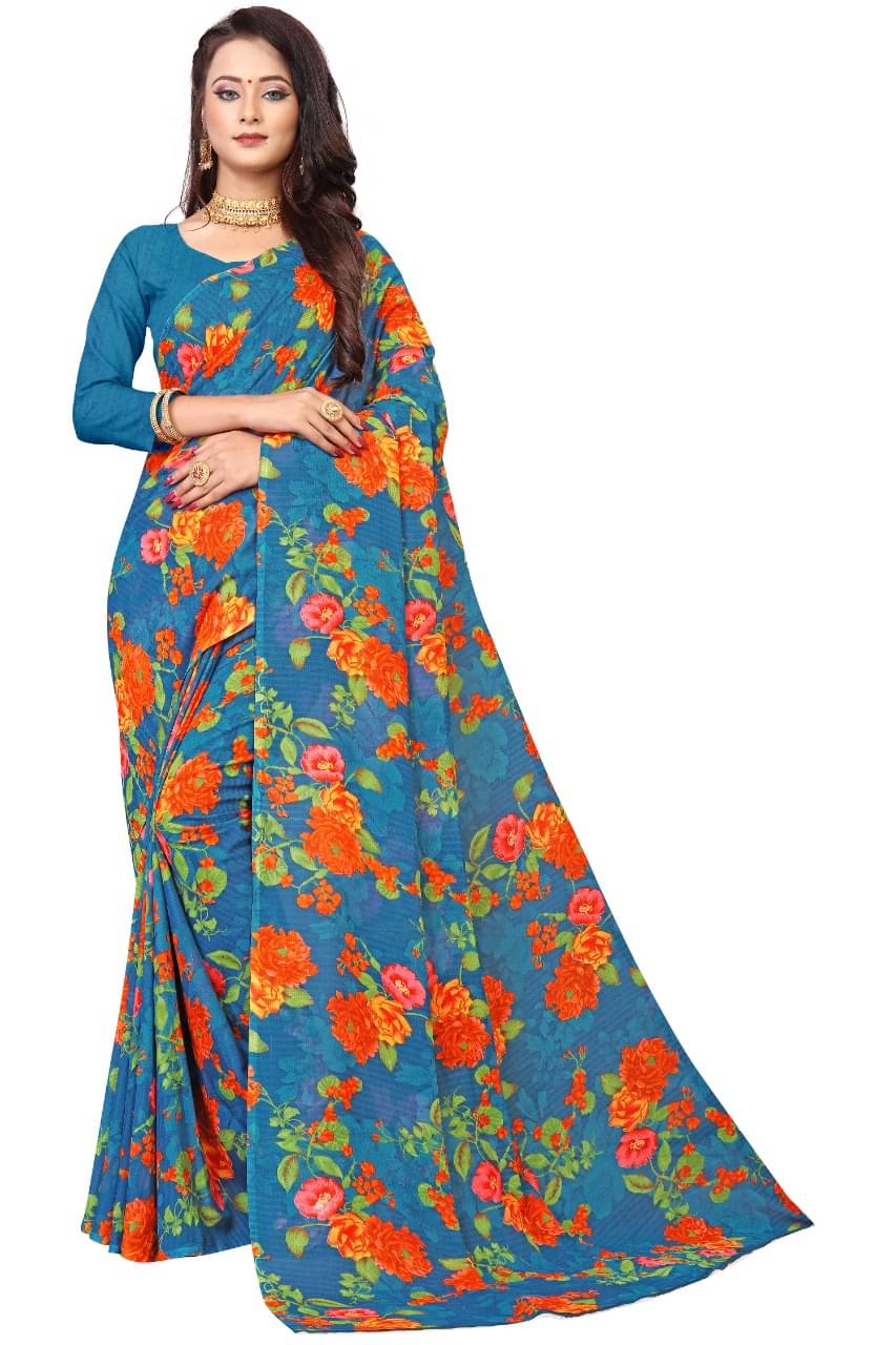     			Maayro Georgette Printed Saree With Unstitched Blouse Piece ( Light Blue )