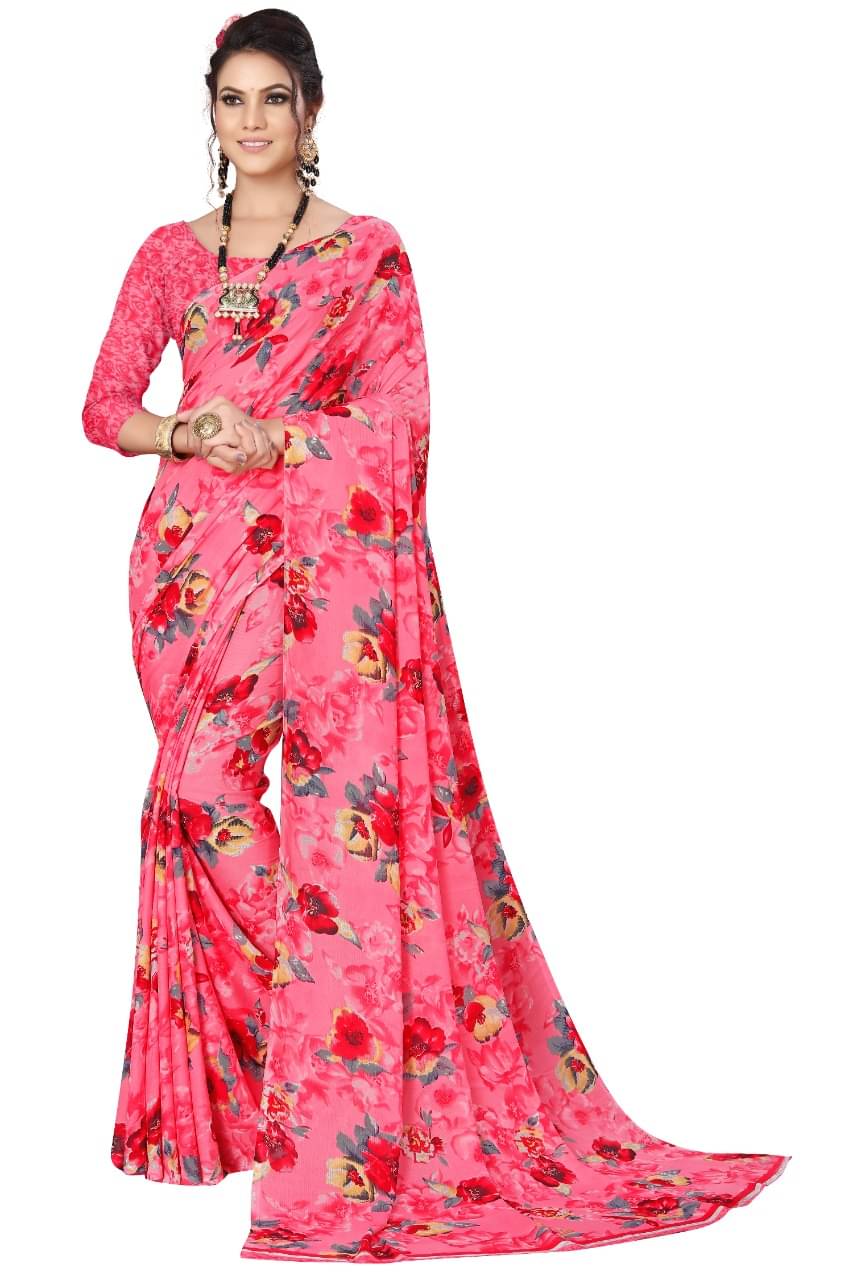 Maayro Georgette Printed Saree With Unstitched Blouse Piece ( Pink )     			Maayro Georgette Printed Saree With Unstitched Blouse Piece ( Pink )