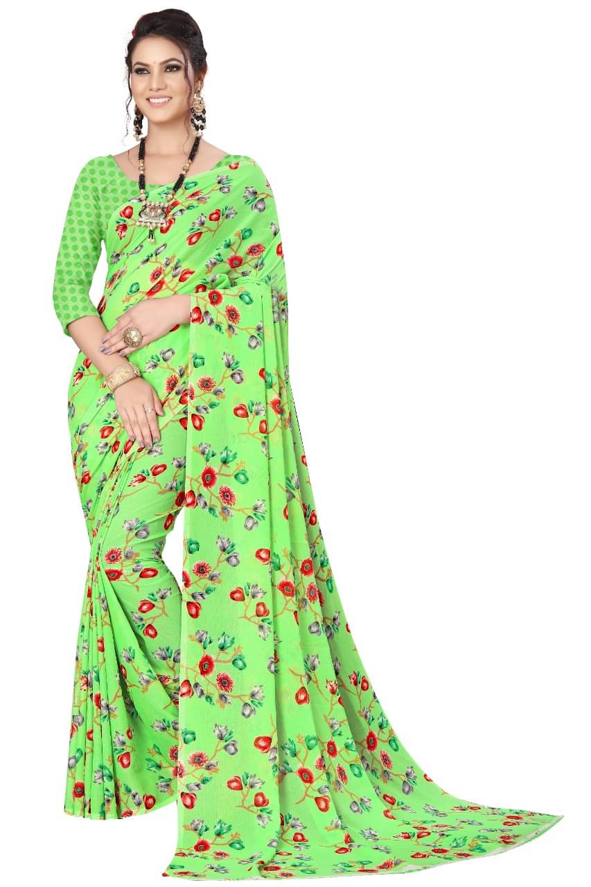     			Maayro Georgette Printed Saree With Unstitched Blouse Piece ( Green )