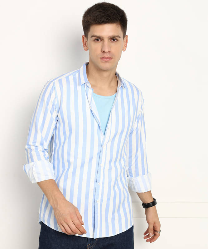OTUS Cotton Blend Slim Fit Striped Full Sleeves Men's Casual Shirt - Light Blue ( Pack of 1 ) OTUS Cotton Blend Slim Fit Striped Full Sleeves Men's Casual Shirt - Light Blue ( Pack of 1 )