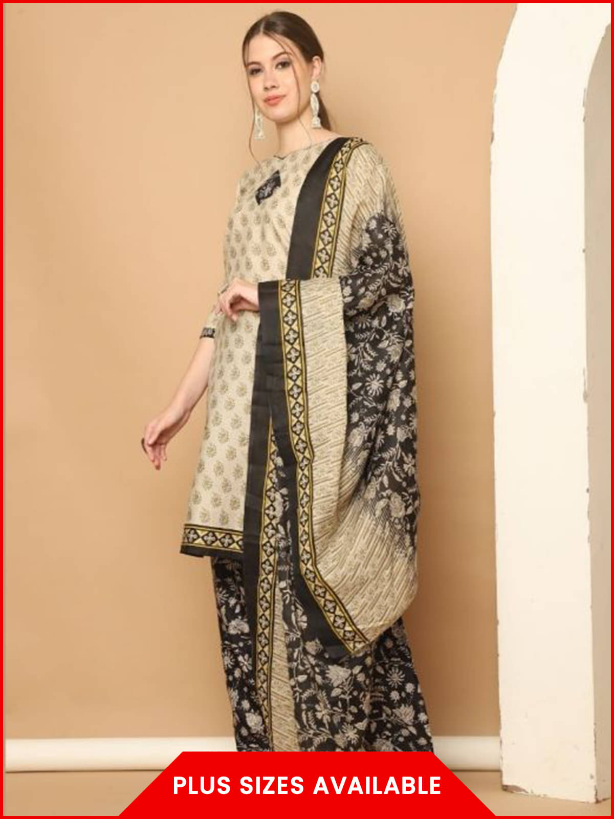     			Rajnandini Women Cotton Blend Printed Straight Kurti With Patiala Salwar ( Beige )