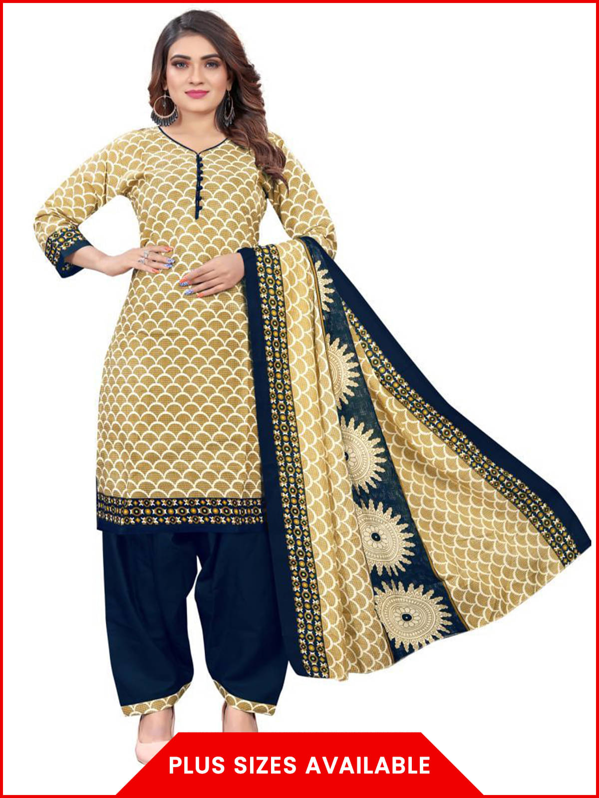     			Rajnandini Women Cotton Blend Printed Straight Kurti With Patiala Salwar ( Beige )