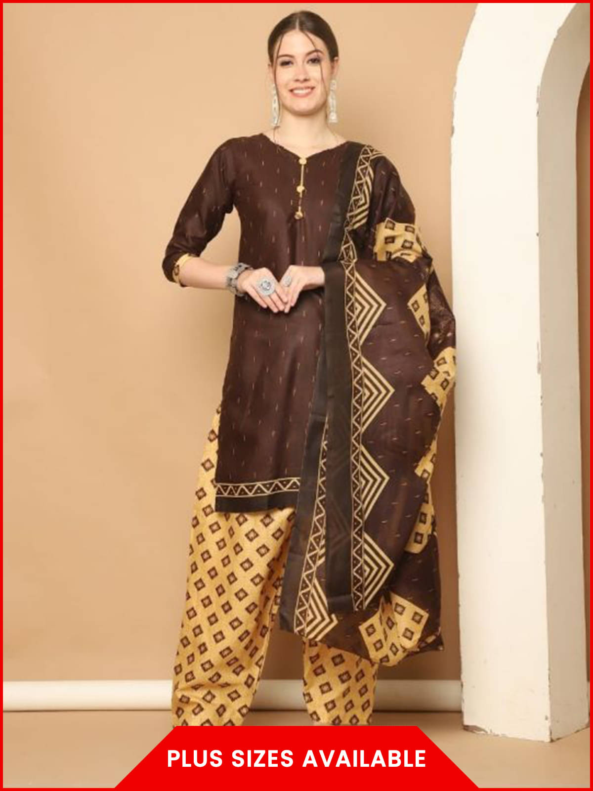     			Rajnandini Women Cotton Blend Printed Straight Kurti With Patiala Salwar ( Brown )