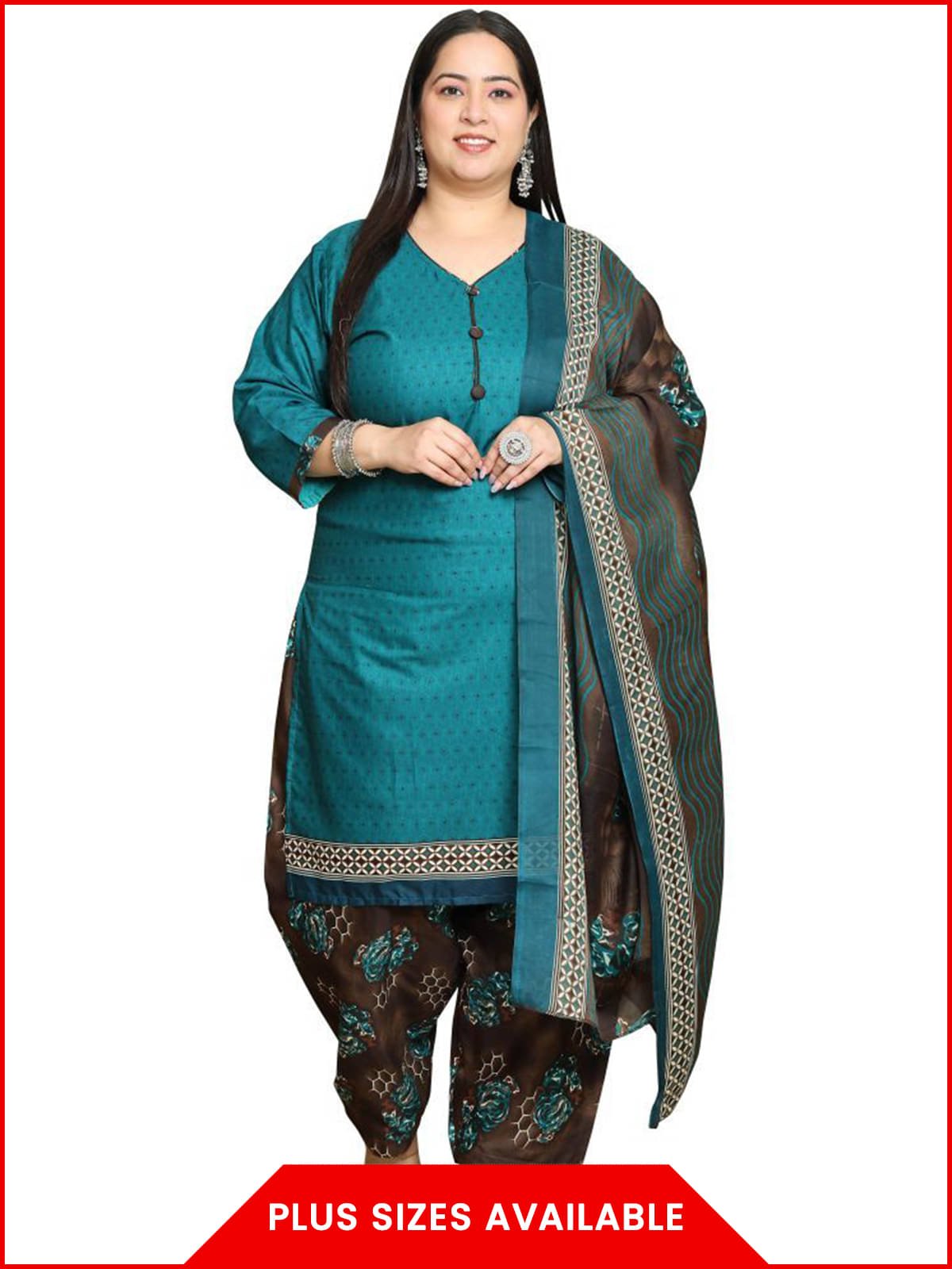     			Rajnandini Women Cotton Blend Printed Straight Kurti With Patiala Salwar ( Green )