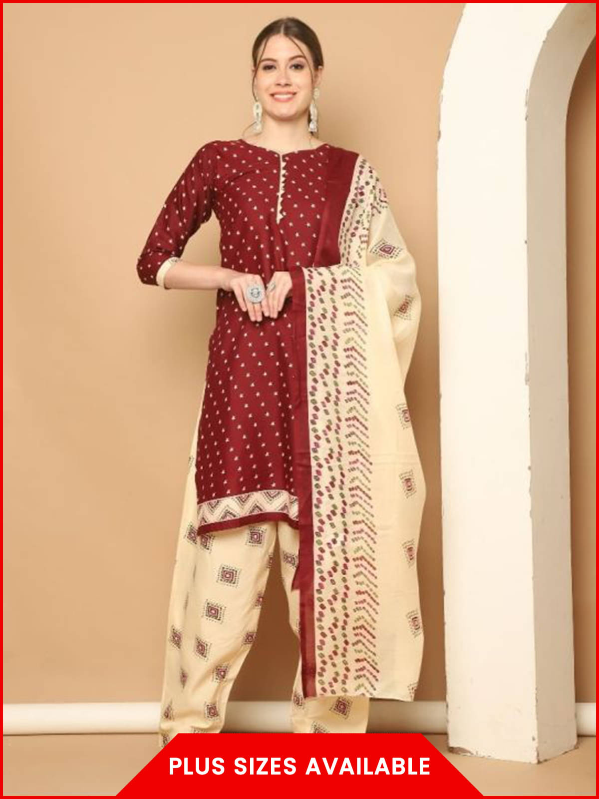 Rajnandini Women Cotton Blend Printed Straight Kurti With Patiala Salwar ( Maroon )     			Rajnandini Women Cotton Blend Printed Straight Kurti With Patiala Salwar ( Maroon )