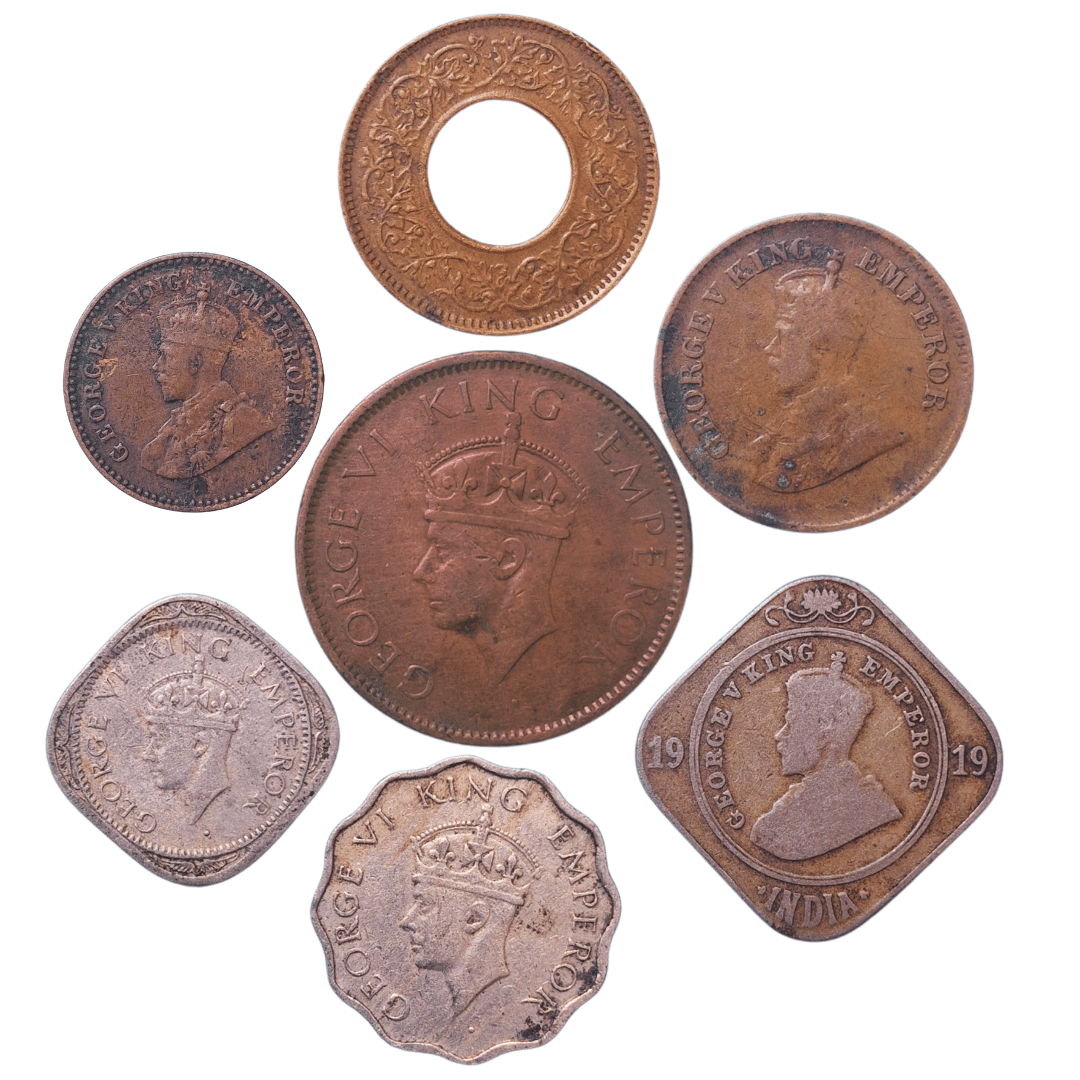     			SHUBHCOINS George V and VI- Full Set of Anna-Pice Series, 1935-46 (Mix Years), Set of 7 Coins, Rare Old Coins Set, Very Fine+ Condition, Copper-Nickel