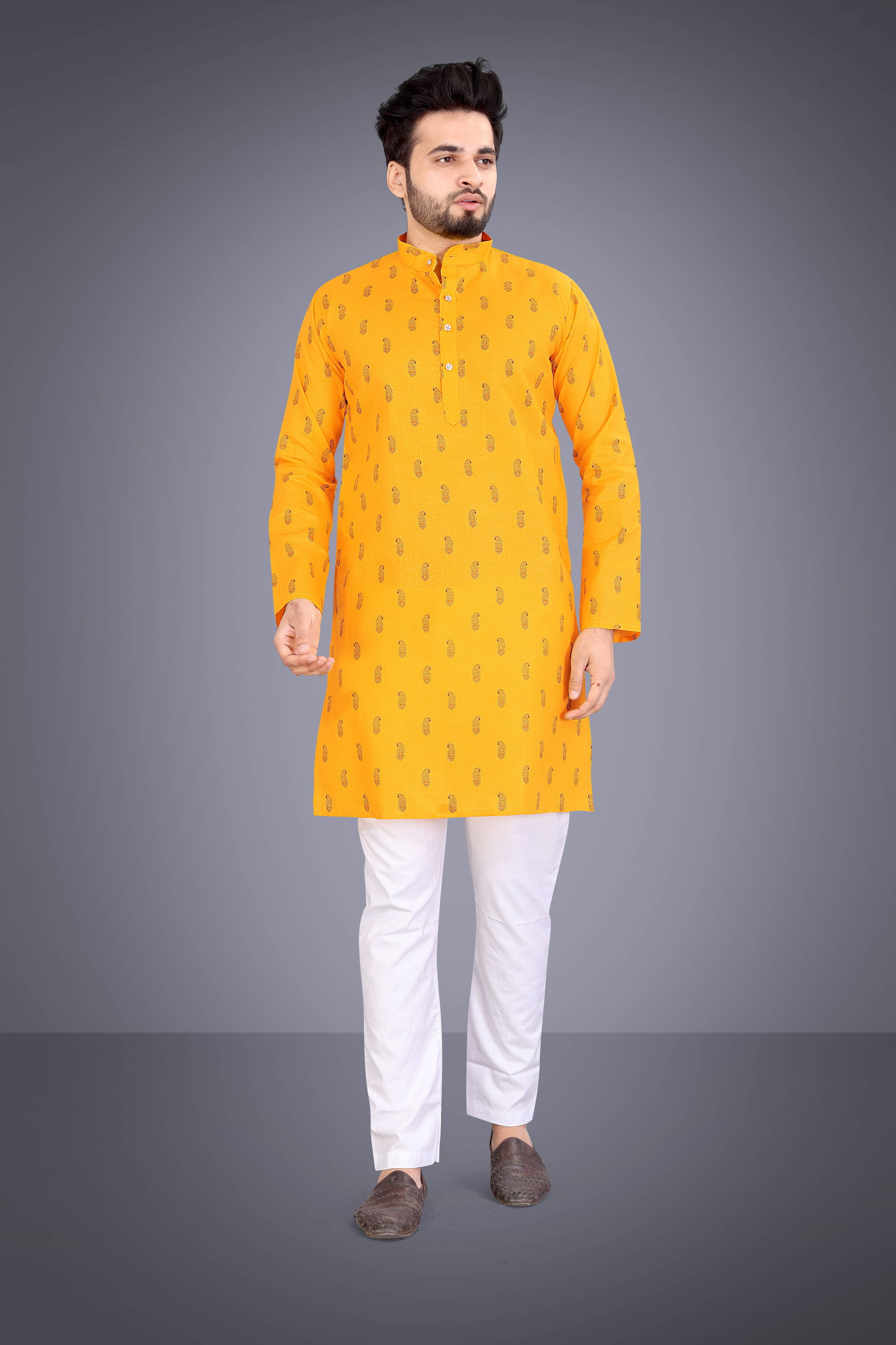 SOPANI Yellow Cotton Blend Regular Fit Men's Kurta Pyjama Set ( Pack of 1 )     			SOPANI Yellow Cotton Blend Regular Fit Men's Kurta Pyjama Set ( Pack of 1 )