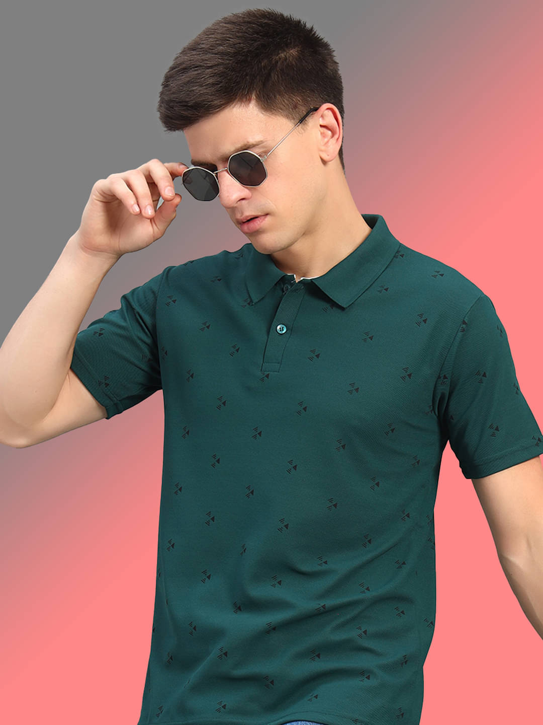     			THE CASUALS Men Cotton Blend Regular Fit Printed Polo T Shirt ( Dark Green )