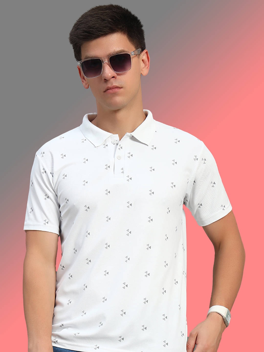     			THE CASUALS Men Cotton Blend Regular Fit Printed Polo T Shirt ( White )