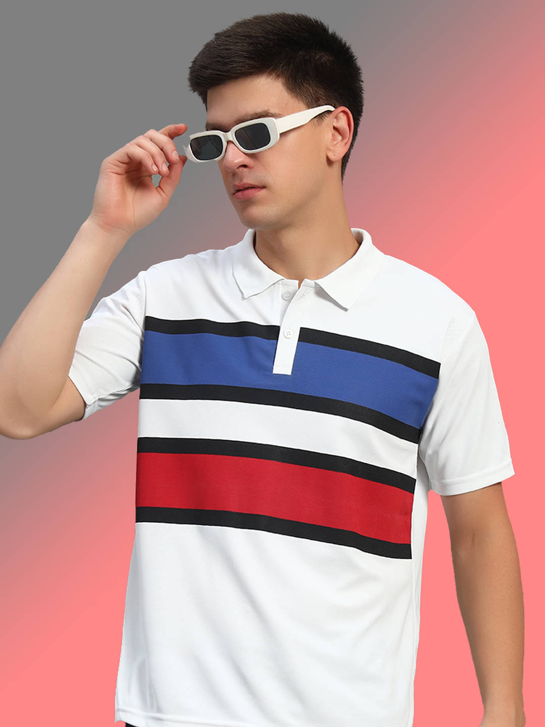     			THE CASUALS Men Cotton Blend Regular Fit Colorblock Polo T Shirt ( White )