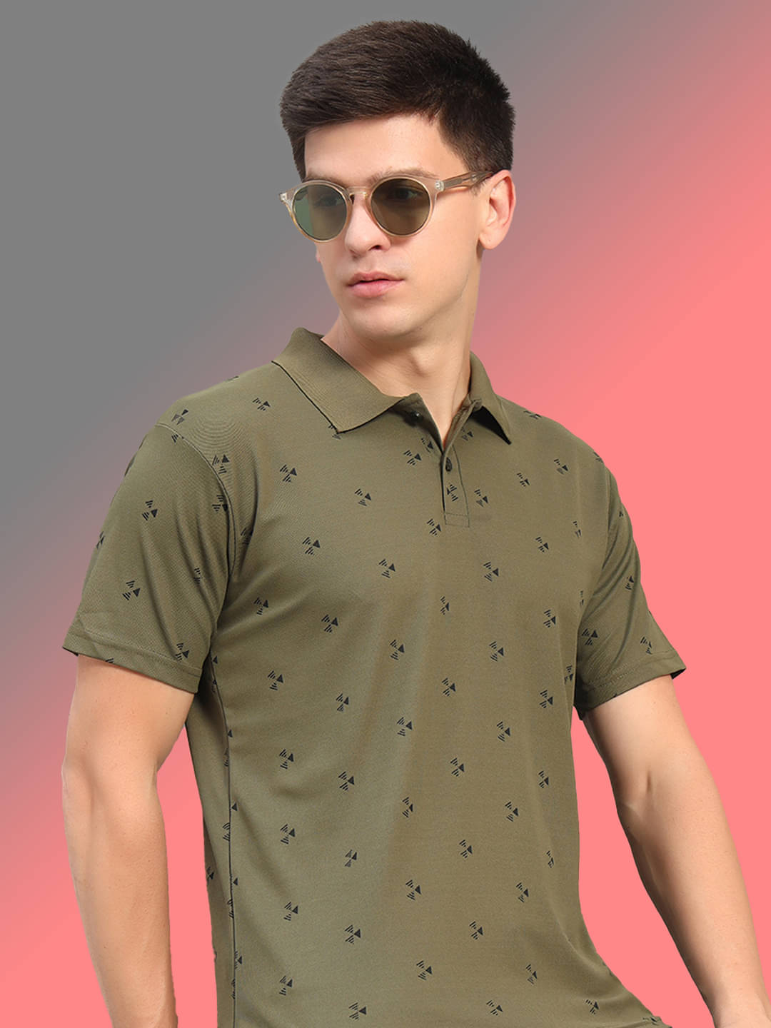     			THE CASUALS Men Cotton Blend Regular Fit Printed Polo T Shirt ( Olive )