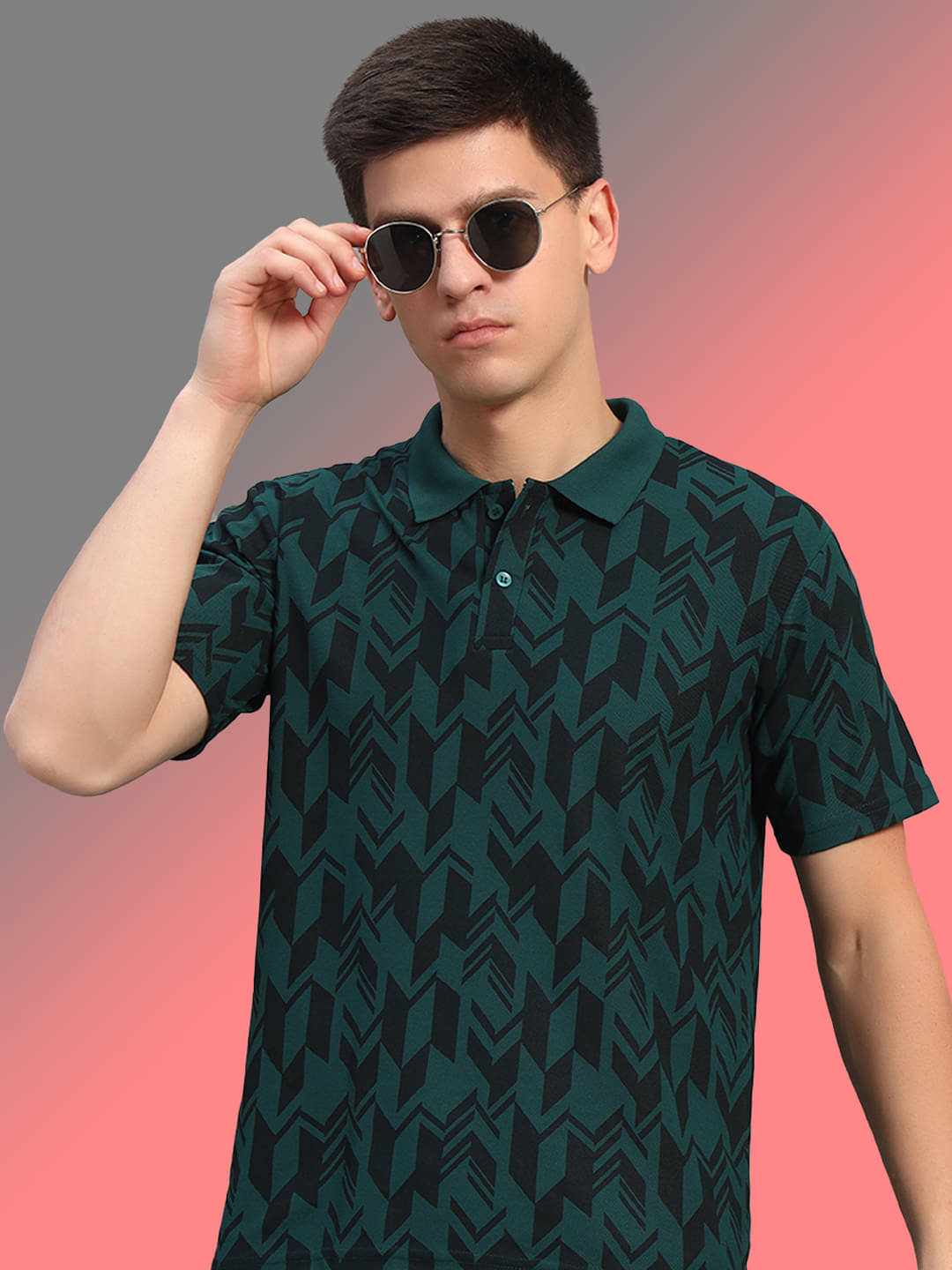     			THE CASUALS Men Cotton Blend Regular Fit Printed Polo T Shirt ( Dark Green )