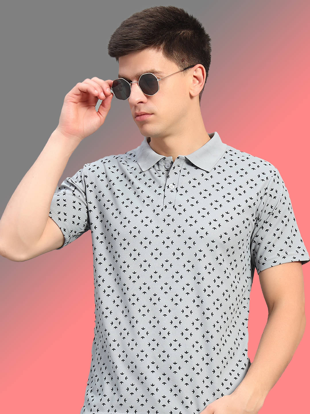 THE CASUALS Men Cotton Blend Regular Fit Printed Polo T Shirt ( Grey )     			THE CASUALS Men Cotton Blend Regular Fit Printed Polo T Shirt ( Grey )