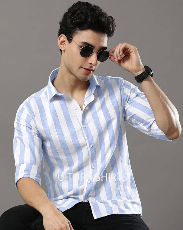     			U TURN Cotton Blend Slim Fit Striped Full Sleeves Men's Casual Shirt - Blue ( Pack of 1 )