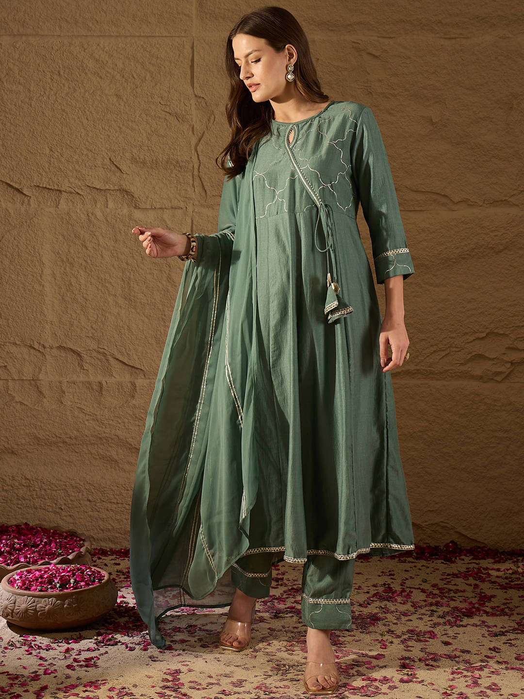     			Vaamsi Women Silk Blend Embellished Anarkali Kurti With Pants ( Teal )