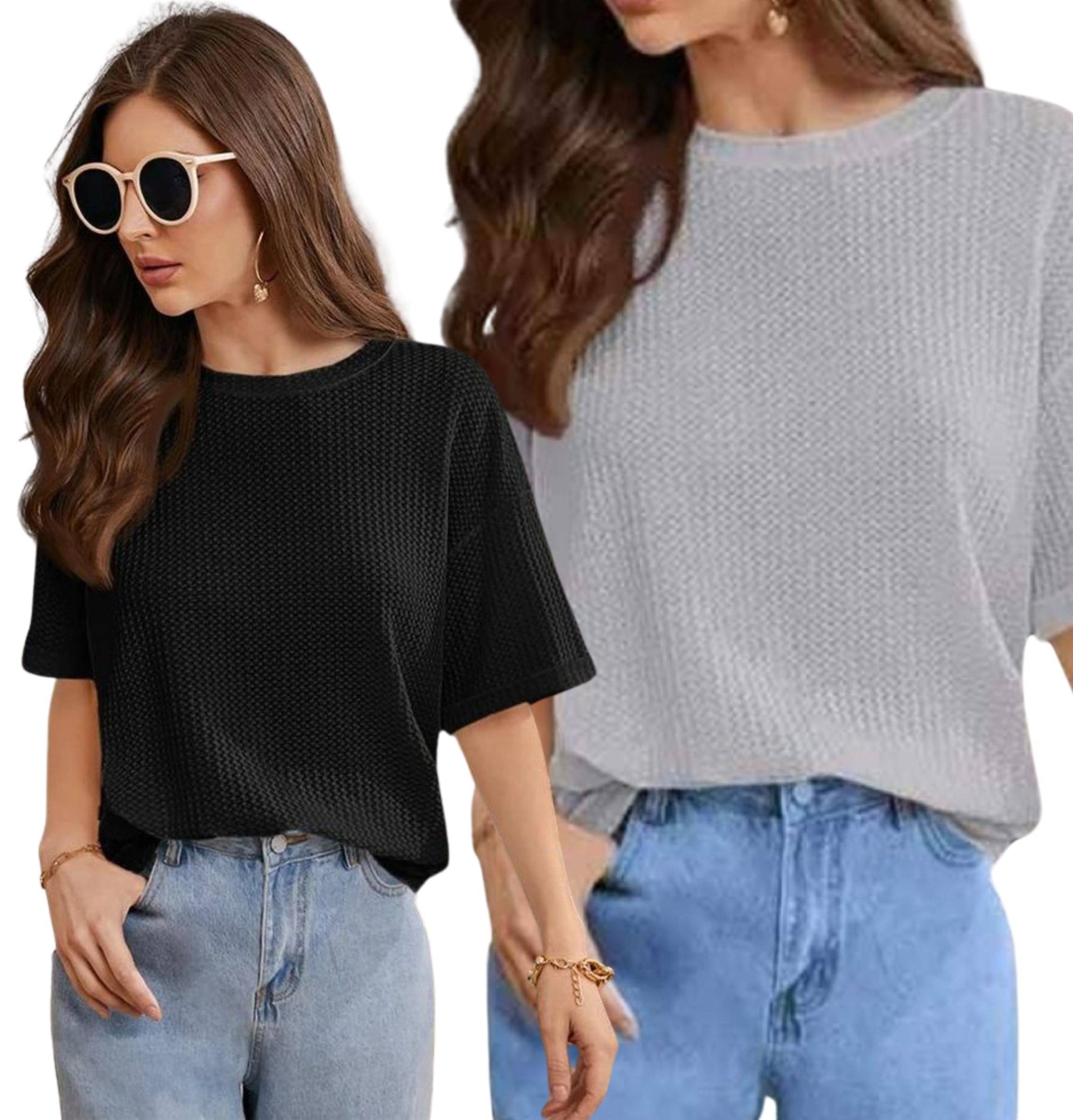 WAY TO TRENDY Women Cotton Blend Self Design Oversized Round Neck T-Shirt ( Multicolor ) WAY TO TRENDY Women Cotton Blend Self Design Oversized Round Neck T-Shirt ( Multicolor )
