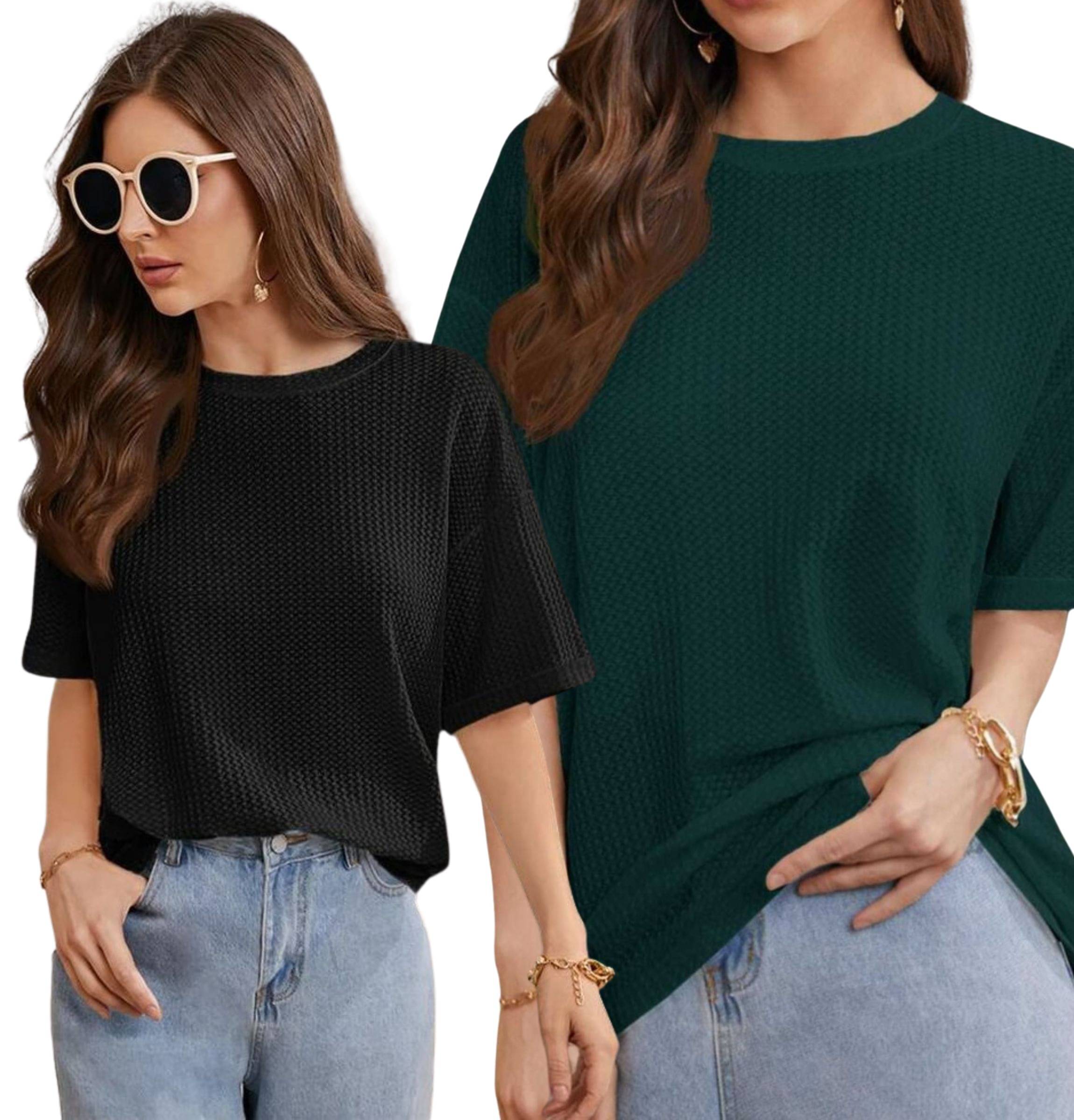 WAY TO TRENDY Women Cotton Blend Self Design Oversized Round Neck T-Shirt ( Multicolor ) WAY TO TRENDY Women Cotton Blend Self Design Oversized Round Neck T-Shirt ( Multicolor )