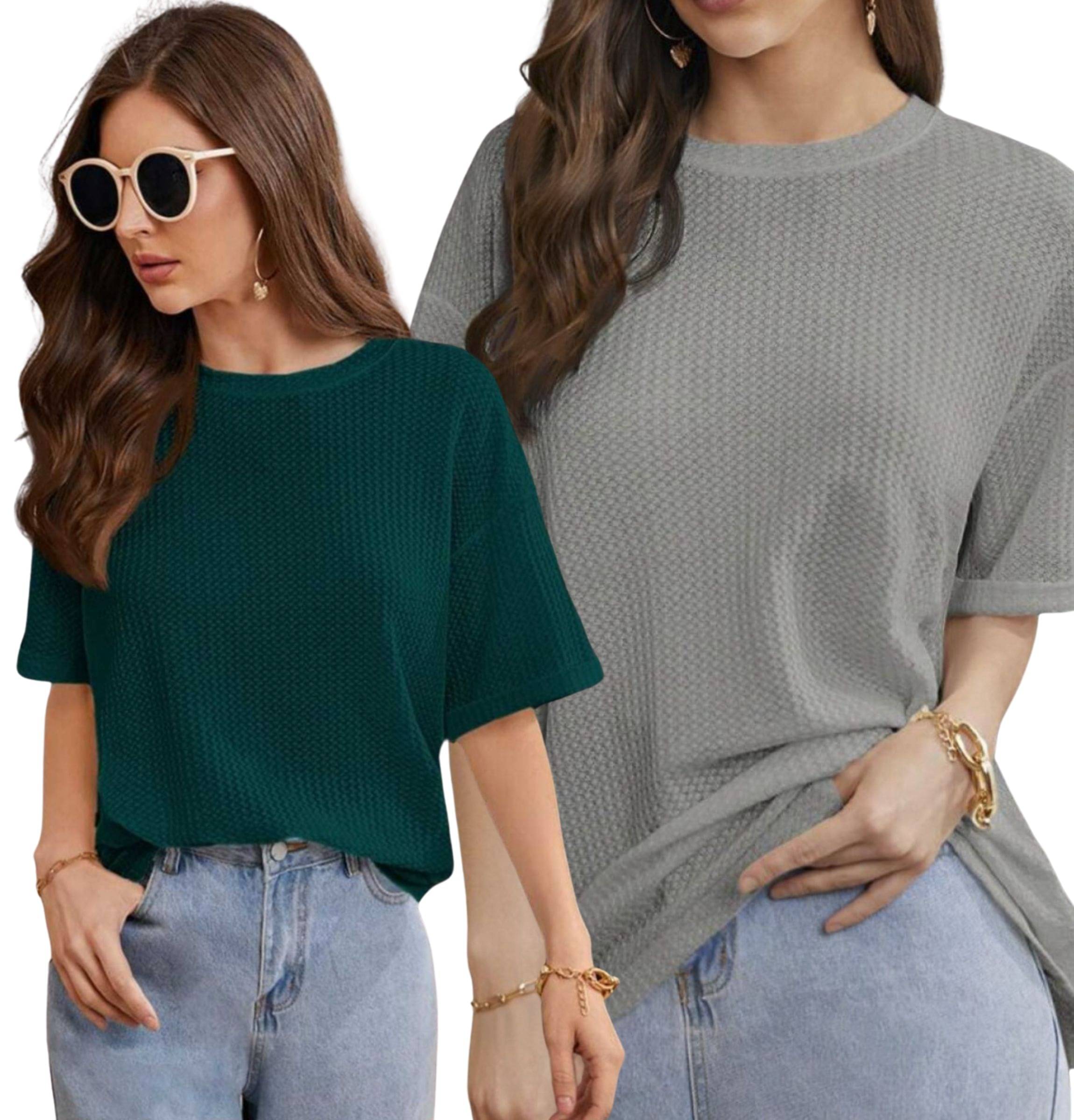 WAY TO TRENDY Women Cotton Blend Self Design Oversized Round Neck T-Shirt ( Multicolor )     			WAY TO TRENDY Women Cotton Blend Self Design Oversized Round Neck T-Shirt ( Multicolor )