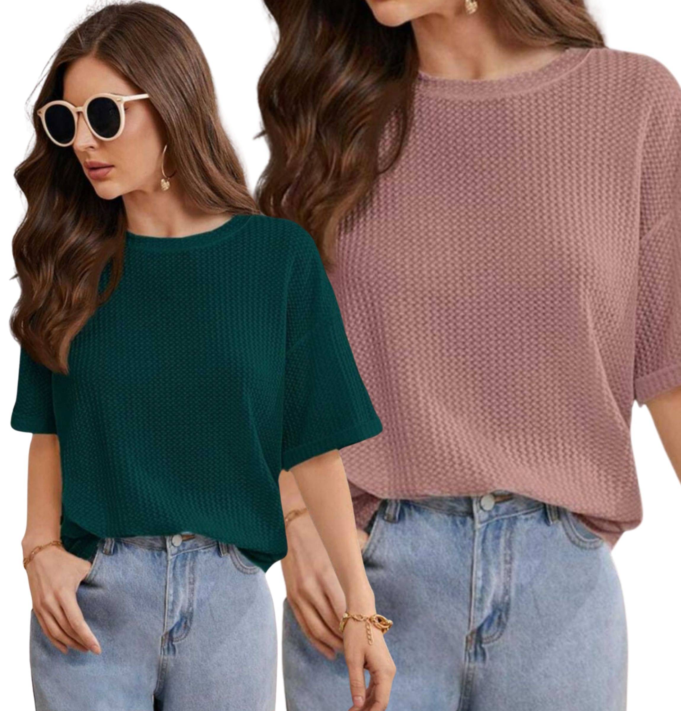 WAY TO TRENDY Women Cotton Blend Self Design Oversized Round Neck T-Shirt ( Multicolor ) WAY TO TRENDY Women Cotton Blend Self Design Oversized Round Neck T-Shirt ( Multicolor )