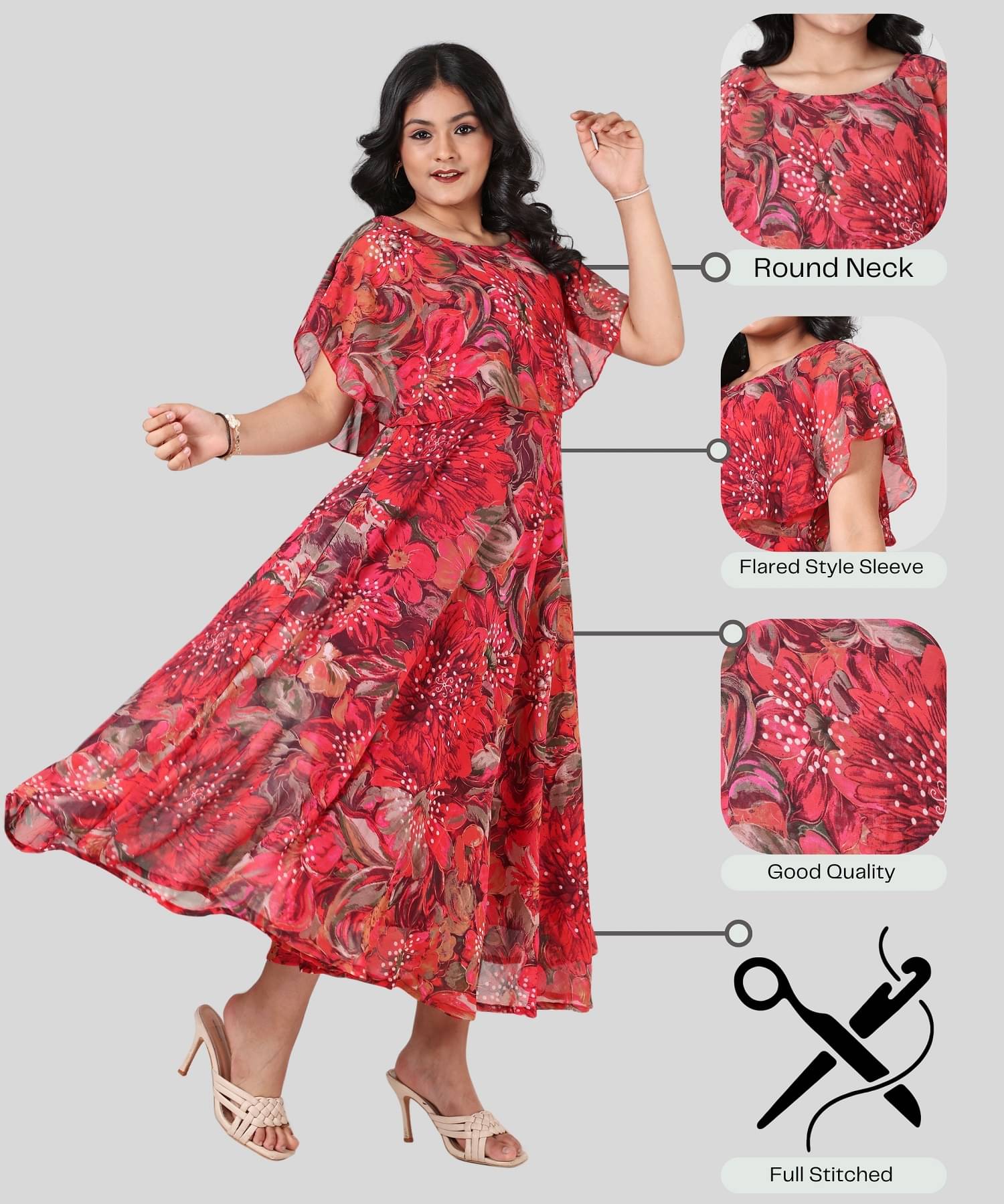     			Aarya Designer Georgette Gown For Girls ( Pack of 1 , Red )