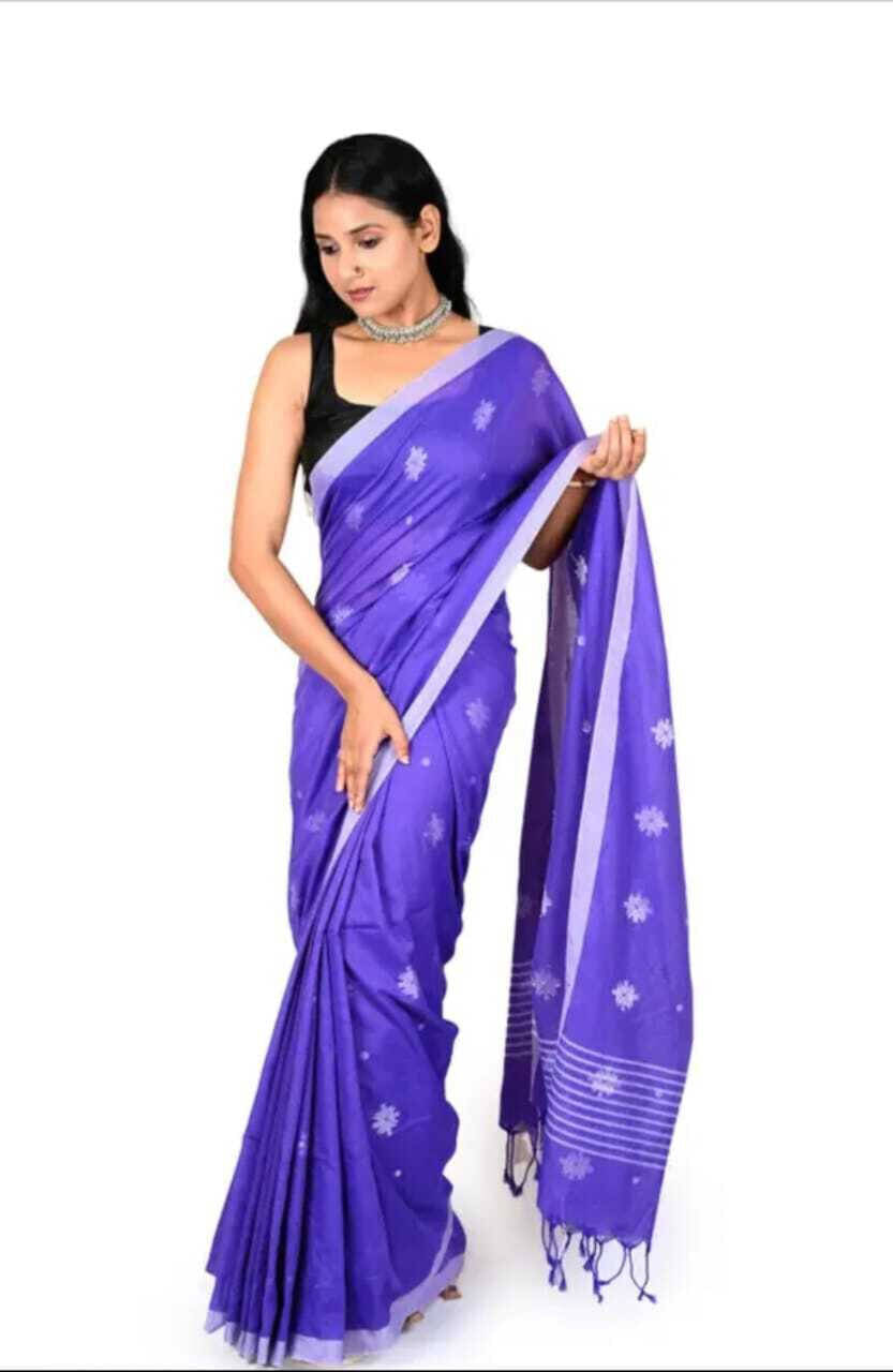     			BRYNBRIT Cotton Blend Self Design Saree With Unstitched Blouse Piece ( Purple )
