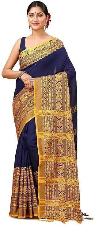     			BRYNBRIT Cotton Blend Self Design Saree With Unstitched Blouse Piece ( Blue )