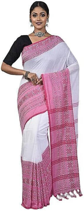     			BRYNBRIT Cotton Blend Self Design Saree With Unstitched Blouse Piece ( White )