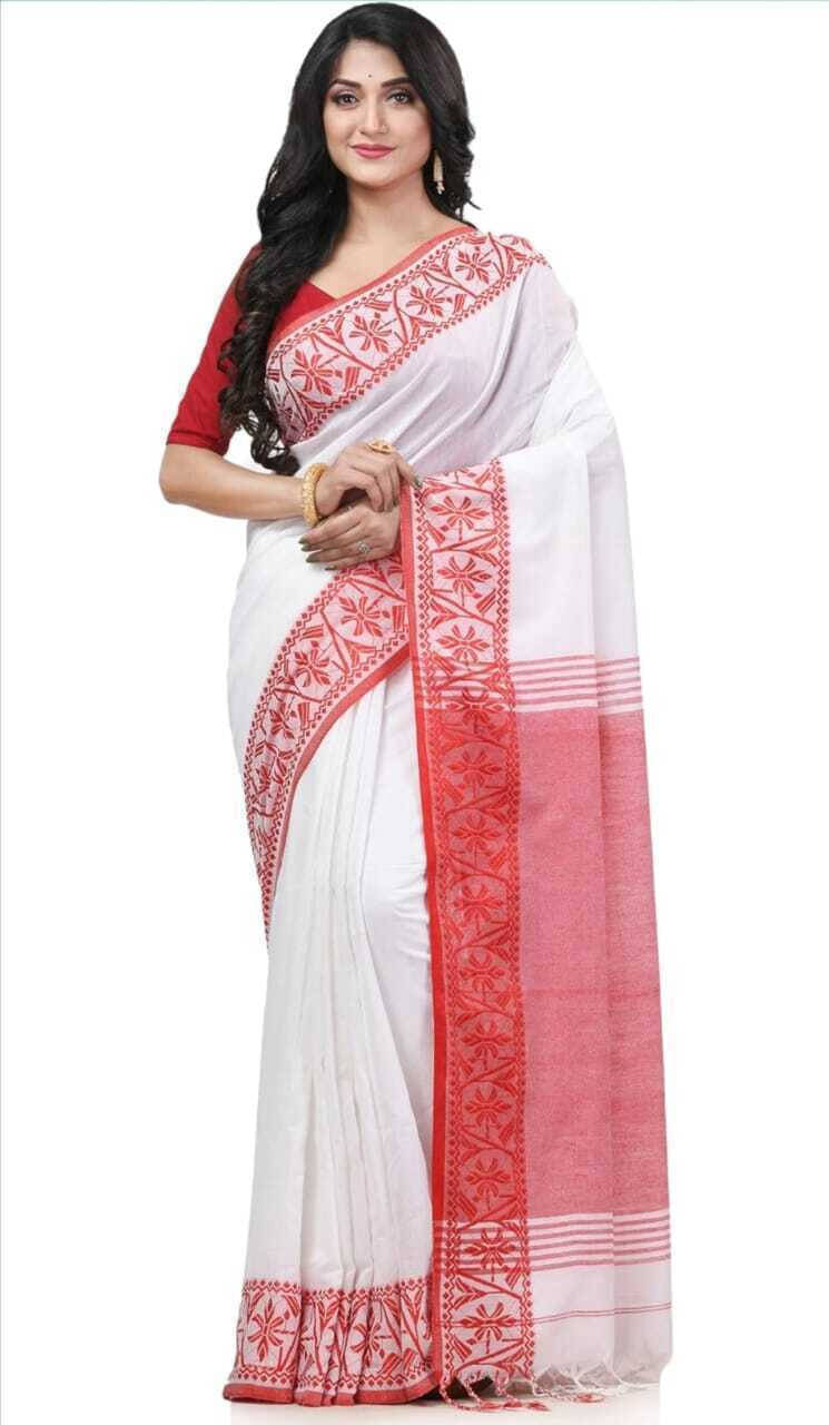 BRYNBRIT Cotton Blend Self Design Saree With Unstitched Blouse Piece ( White ) BRYNBRIT Cotton Blend Self Design Saree With Unstitched Blouse Piece ( White )