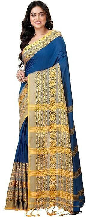 BRYNBRIT Cotton Blend Self Design Saree With Unstitched Blouse Piece ( Blue ) BRYNBRIT Cotton Blend Self Design Saree With Unstitched Blouse Piece ( Blue )