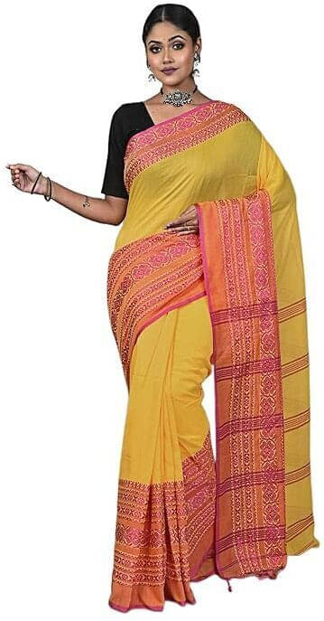 BRYNBRIT Cotton Blend Self Design Saree With Unstitched Blouse Piece ( Yellow ) BRYNBRIT Cotton Blend Self Design Saree With Unstitched Blouse Piece ( Yellow )
