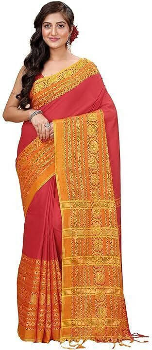     			BRYNBRIT Cotton Blend Self Design Saree With Unstitched Blouse Piece ( Red )