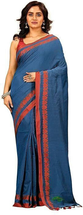 BRYNBRIT Cotton Blend Self Design Saree With Unstitched Blouse Piece ( Blue ) BRYNBRIT Cotton Blend Self Design Saree With Unstitched Blouse Piece ( Blue )