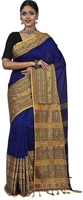     			BRYNBRIT Cotton Blend Self Design Saree With Unstitched Blouse Piece ( Blue )
