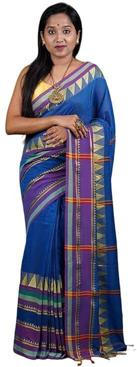 BRYNBRIT Cotton Blend Woven Saree With Unstitched Blouse Piece ( Blue ) BRYNBRIT Cotton Blend Woven Saree With Unstitched Blouse Piece ( Blue )