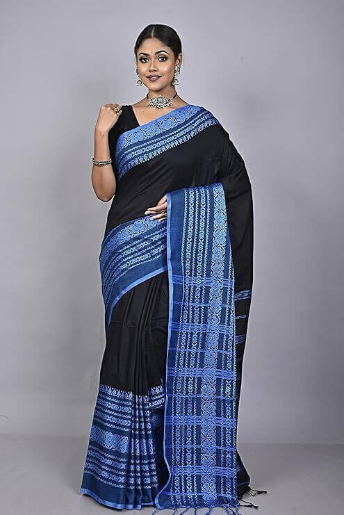 BRYNBRIT Cotton Blend Woven Saree With Unstitched Blouse Piece ( Black ) BRYNBRIT Cotton Blend Woven Saree With Unstitched Blouse Piece ( Black )
