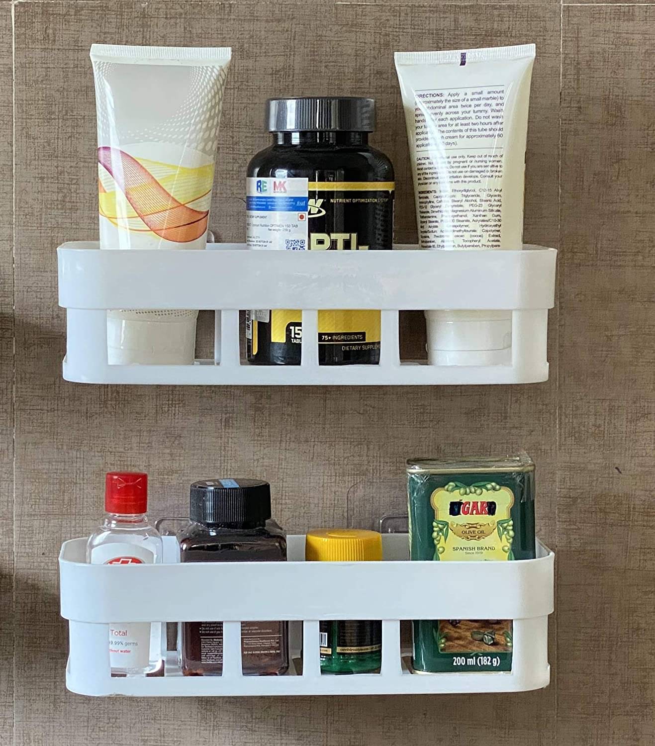     			Bathroom Shelf for Wall, Self-Adhesive Bathroom Organiser with Towel Holder, Ideal Bathroom Accessories for Efficient Space Utilisation (2 Bathroom Shelves