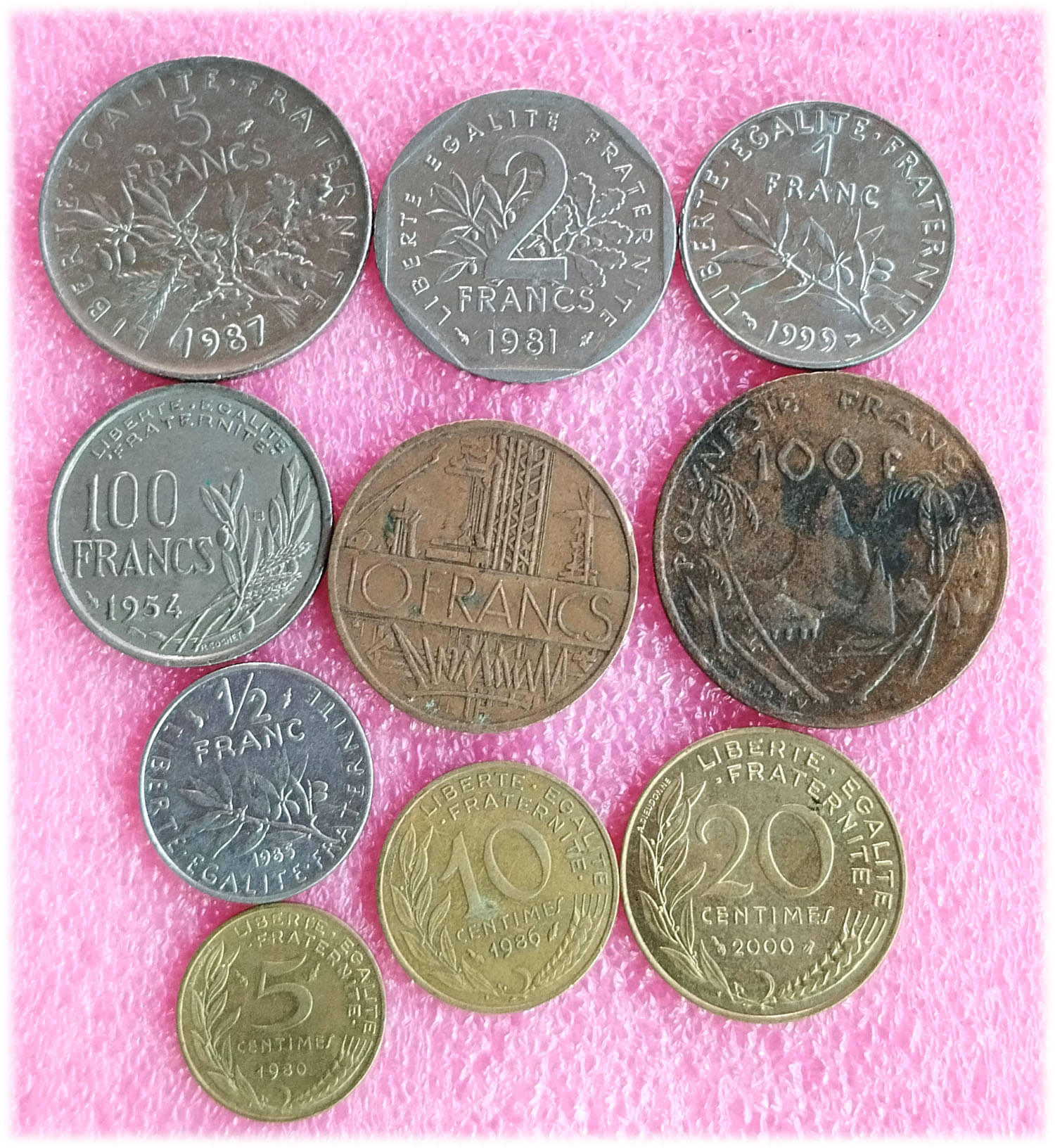     			FRANCE -  10 ALL DIFFERENT COINS SET ( including scarce and rare ones )