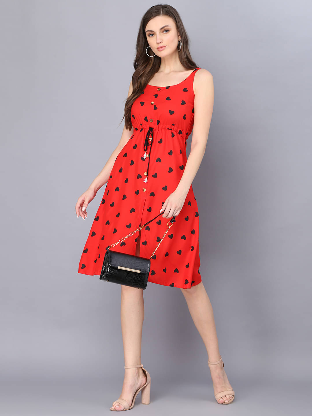     			GOD BLESS Women's Rayon Printed Fit & Flare Dress ( Red )