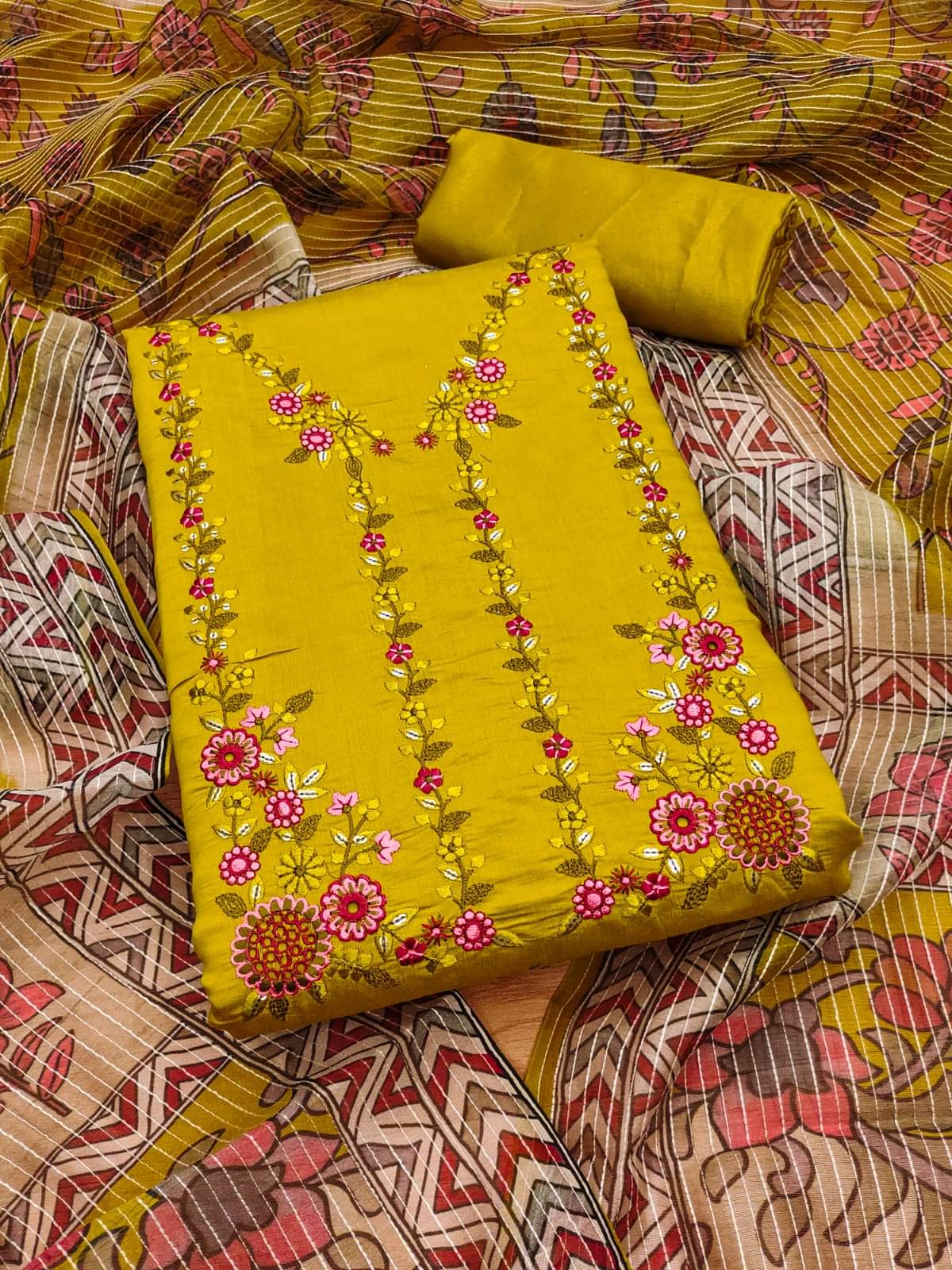     			HL SILKMILLS Women Chanderi Unstitched Dress Material ( Yellow )