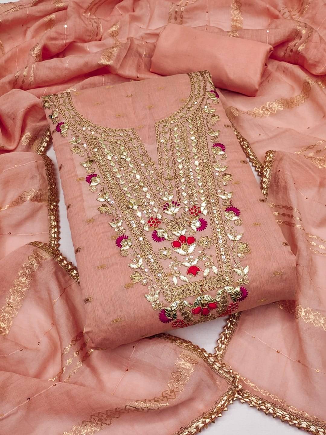     			HL SILKMILLS Women Chanderi Unstitched Dress Material ( Peach )