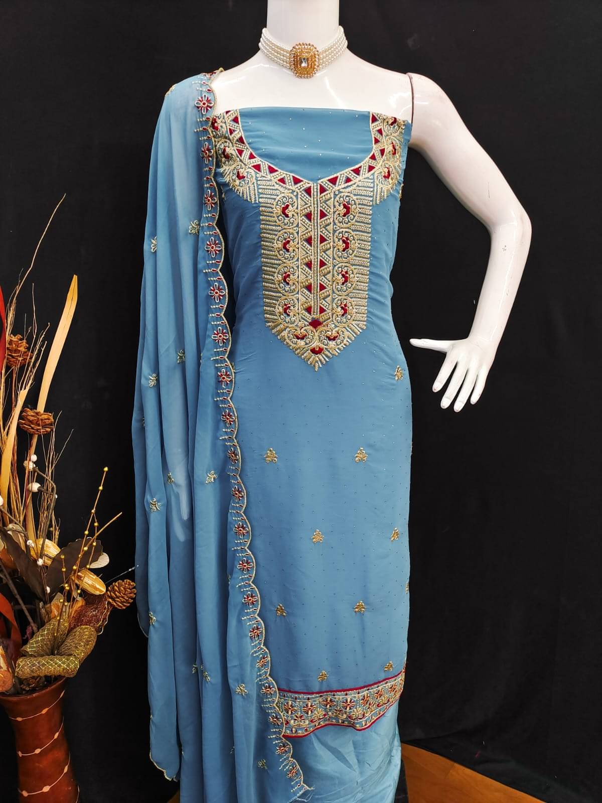HL SILKMILLS Women Georgette Unstitched Dress Material ( Blue )     			HL SILKMILLS Women Georgette Unstitched Dress Material ( Blue )