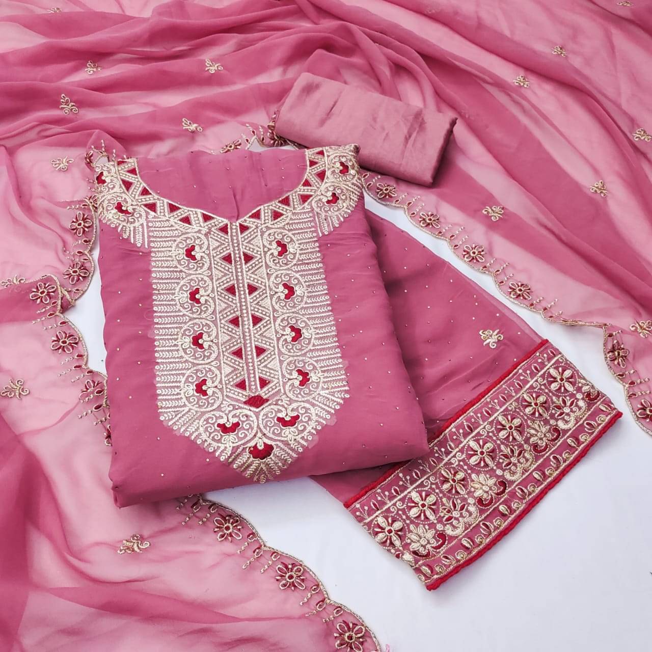 HL SILKMILLS Women Georgette Unstitched Dress Material ( Pink )     			HL SILKMILLS Women Georgette Unstitched Dress Material ( Pink )