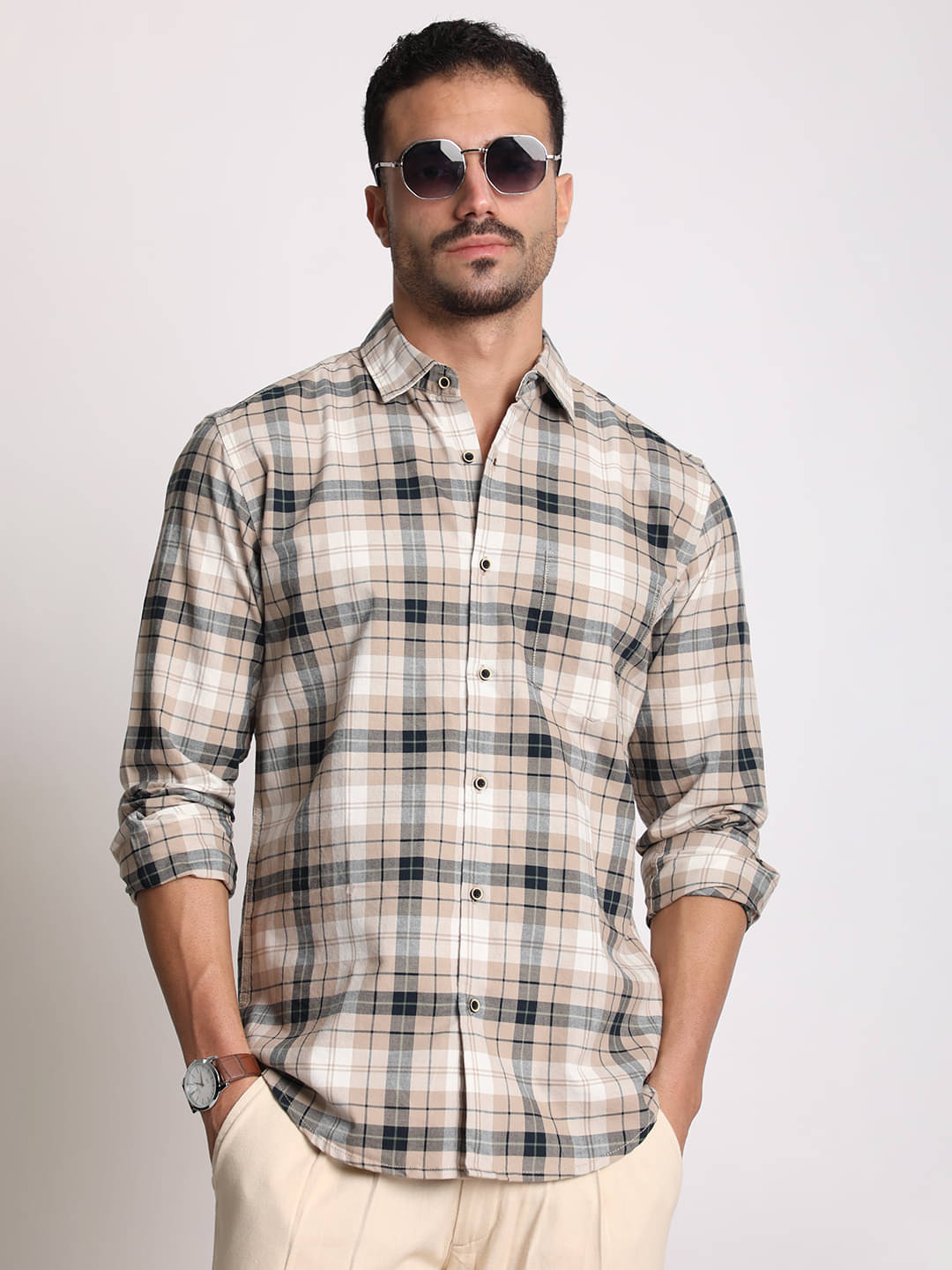     			IVOC 100% Cotton Slim Fit Checks Full Sleeves Men's Casual Shirt - Beige ( Pack of 1 )
