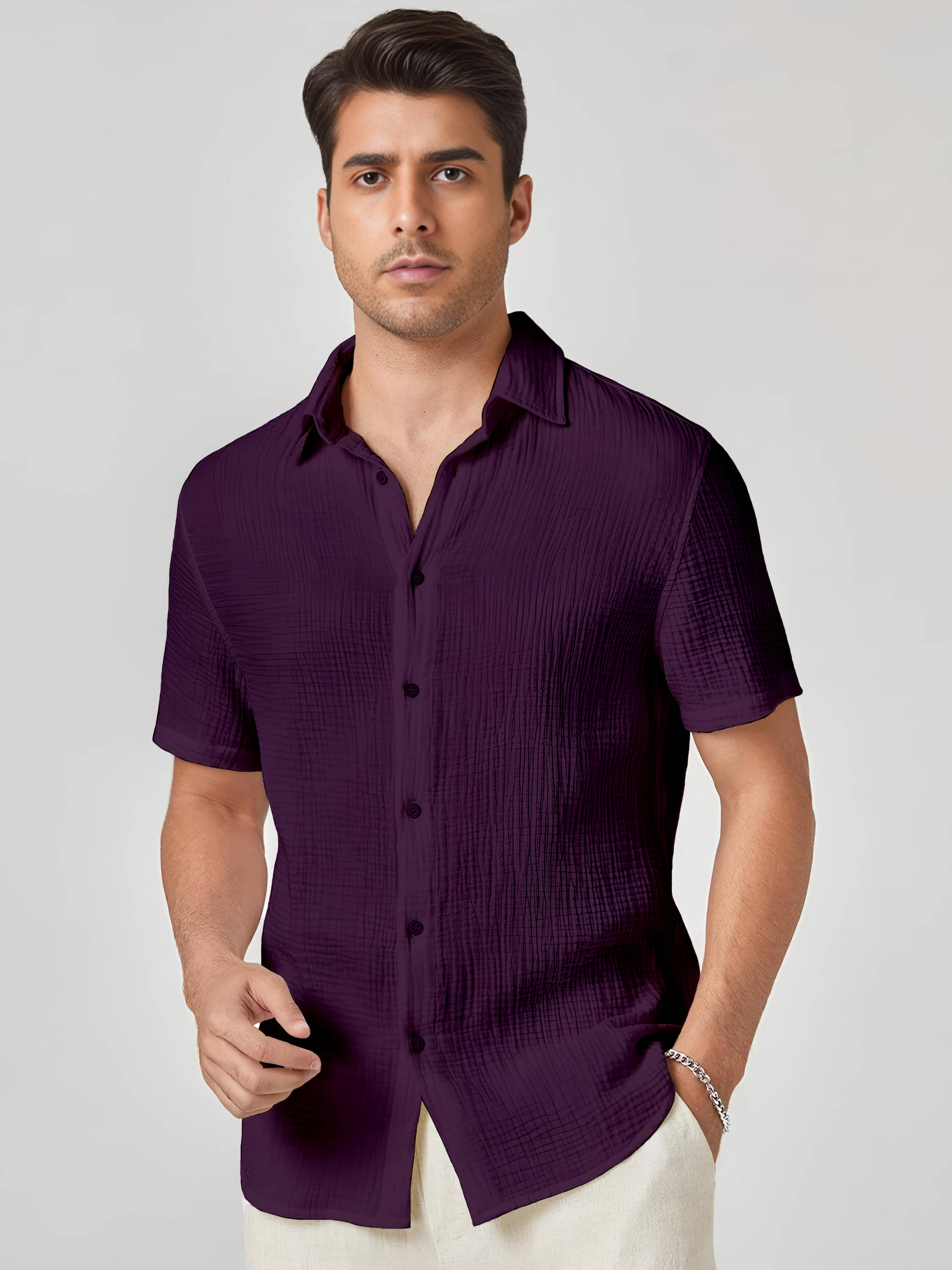    			KAKIDO Polyester Regular Fit Self Design Half Sleeves Men's Casual Shirt - Purple ( Pack of 1 )