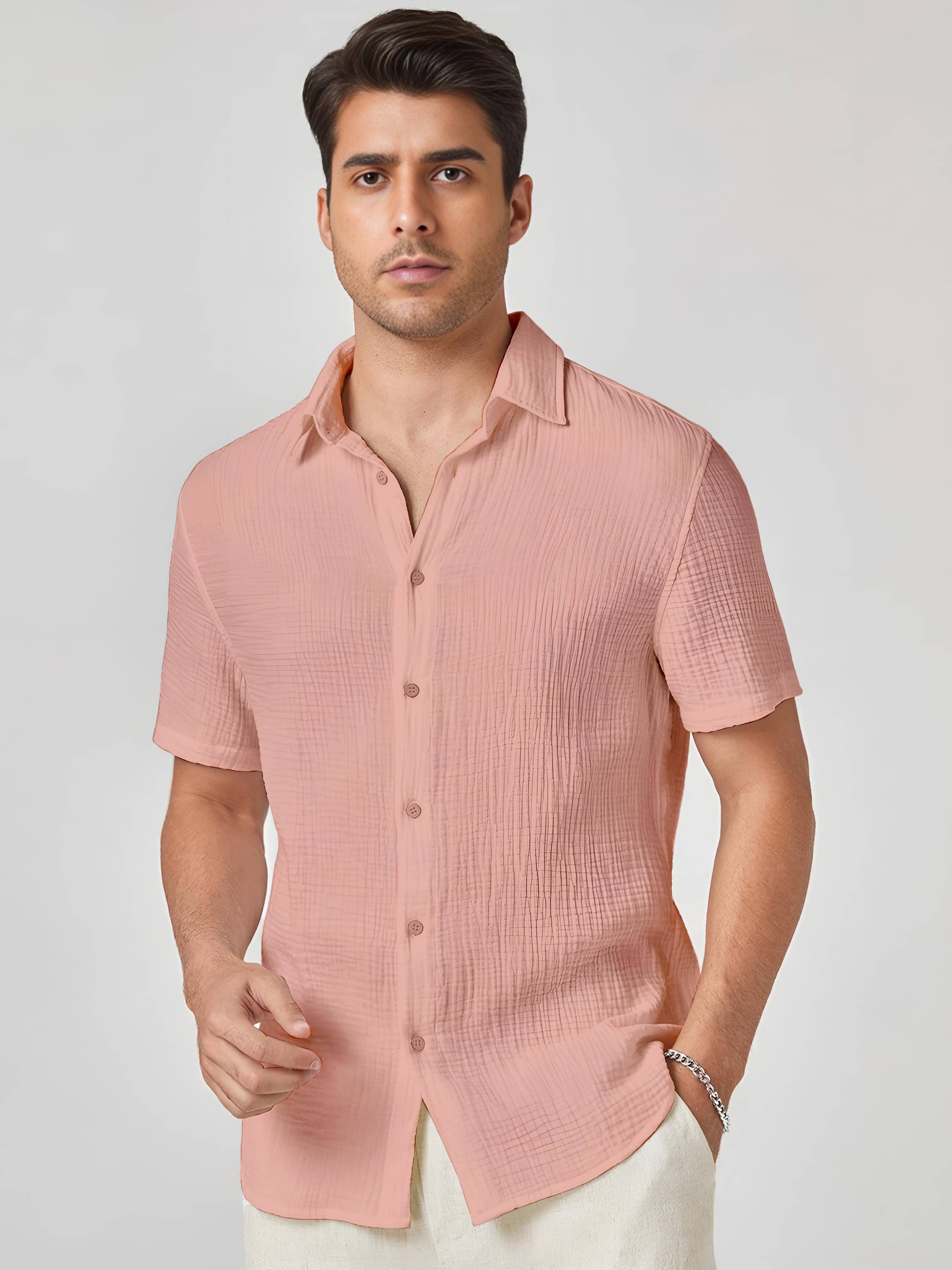 KAKIDO Polyester Regular Fit Self Design Half Sleeves Men's Casual Shirt - Peach ( Pack of 1 ) KAKIDO Polyester Regular Fit Self Design Half Sleeves Men's Casual Shirt - Peach ( Pack of 1 )